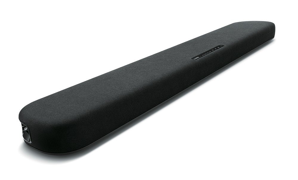 A black Yamaha B20 soundbar resting on white background
