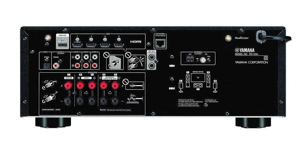 Back panel's ports section view of a black Yamaha RXV4A 