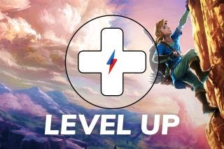 An animated picture of a boy climbing a mountain with a plus logo on top and Level up written below