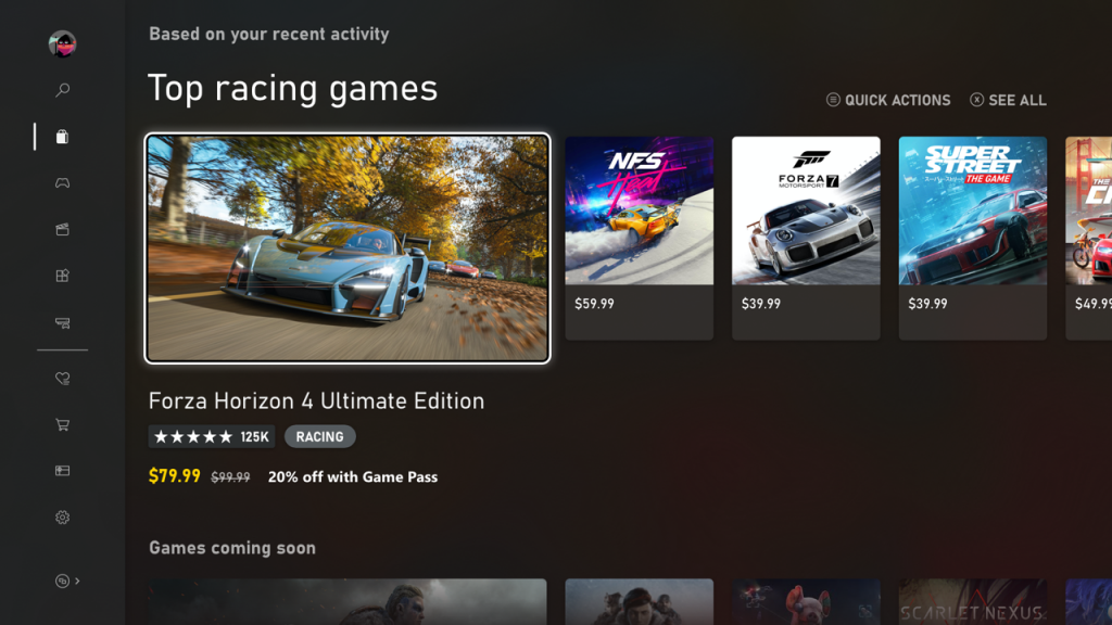 Screenshot of a screen displaying top racing games and games coming soon