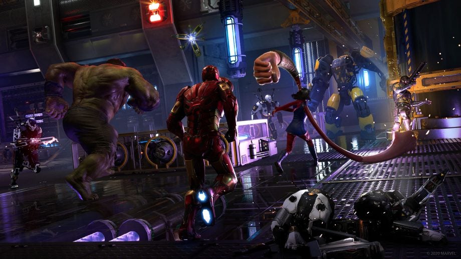 An animated picture of a scene of a game, Marvel characters running towards a robot fighting a girl