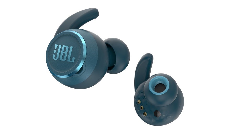 Blue JBL Reflect mini earbuds floating on a white background