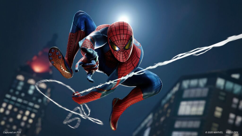 Wallpaper of PS5 game of Spiderman, Spiderman in mid air hanging with his web strings and pointing a web shooter