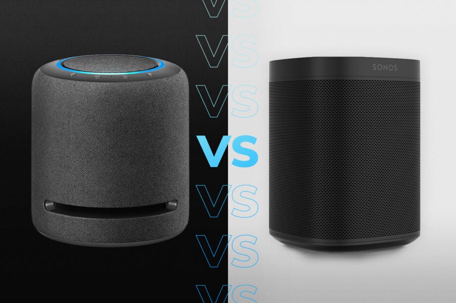 Comparision image of a gray-blue Amazon Echo Studio on the left and a black Sonos One on the right