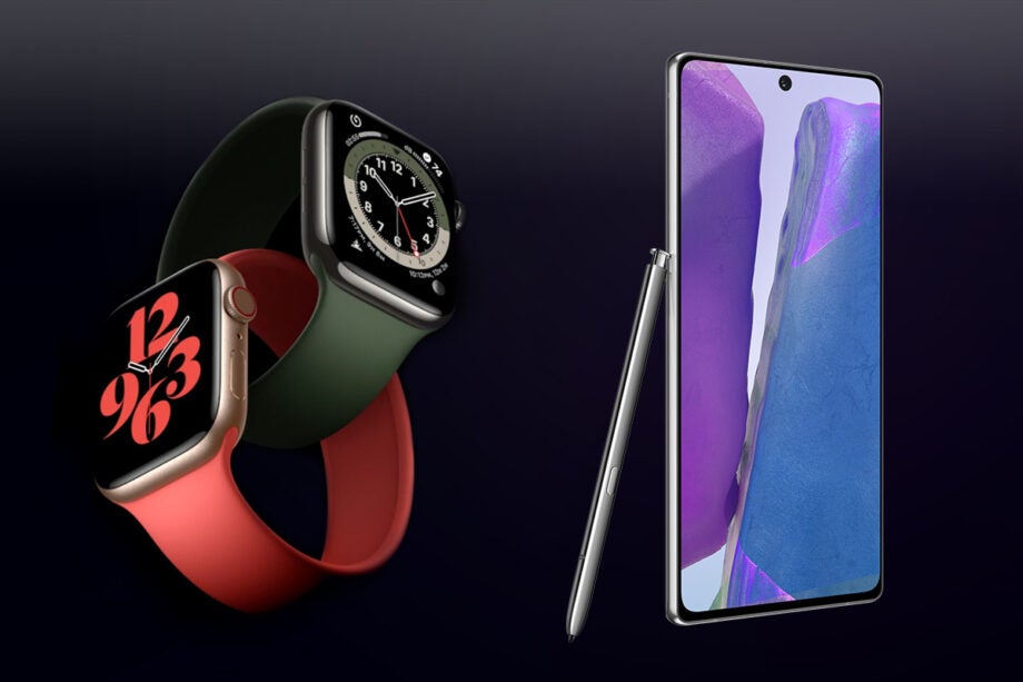 Two Apple watches floating on left and a Samsung smartphone standing on the right