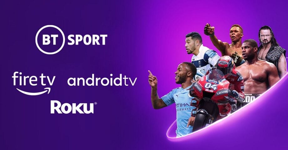 Wallpaper of BT sport with Fire TV, Android TV and Roku TV logos