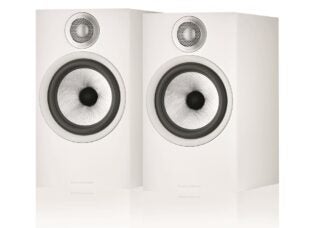 Two white BW 606 S2 anniversary edition speakers standing on white background