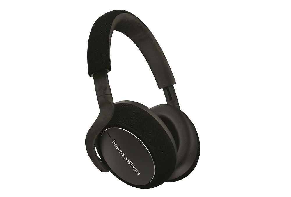 Gray-black Bowers and Wilkins PX7 headphones floating on a white background