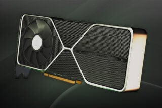 A brown-black GPU floating on a black background