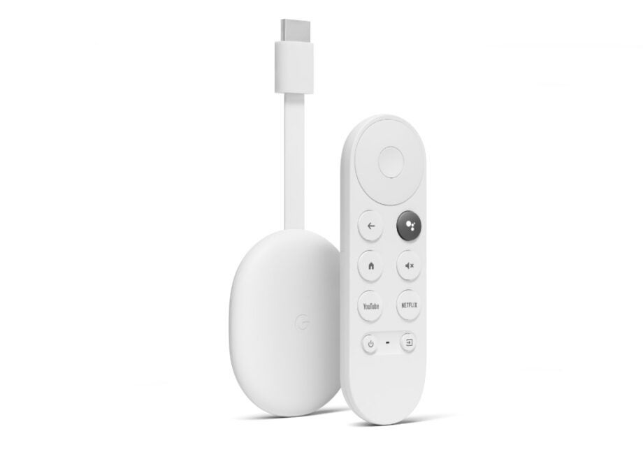 A white Chromecast with Google TV standing on a white background with it's remote standing beside