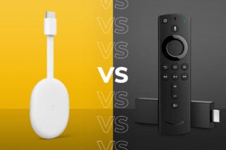Comparision image of a white Chromecast with Google TV on the left and a black Fire TV stick with remote on the right