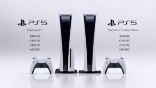 A brochure displaying two PS5, one normal and one digital edition with their prices beside
