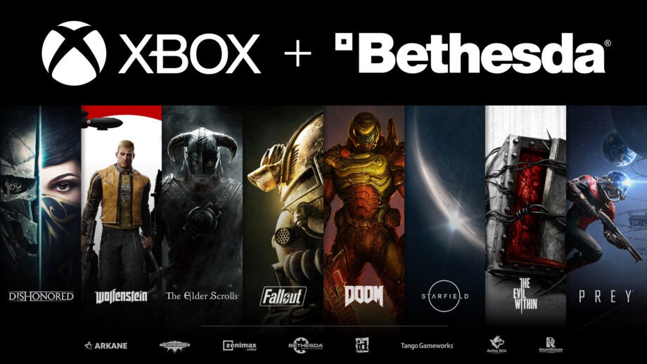 Wallpaper of a Xbox plus Bethesda with games listed below