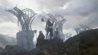 An animated picture of a wallpaper of a game, three people sitting on a stone in a destroyed place