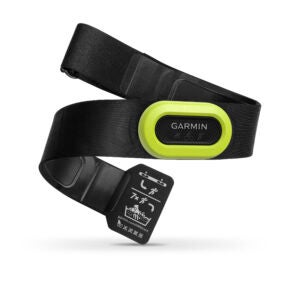 A black Garmin HRM Pro heart rate strap standing on white background