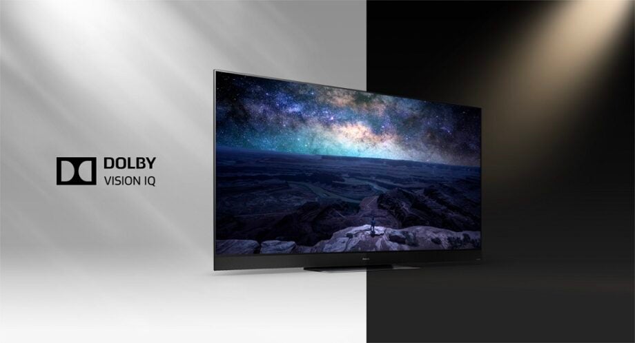 A black Panasonic HZ2000's wallpaper with Dolby Vision IQ printed on it's left