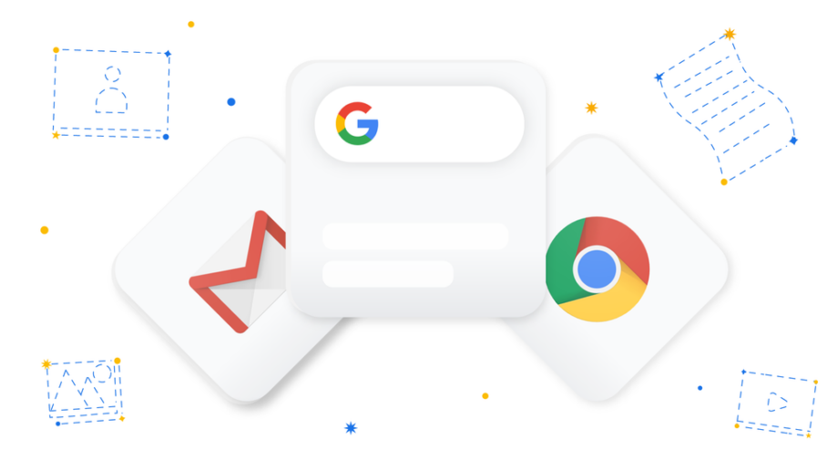 Logos of Chrome, Google search bar and Gmail on a white background