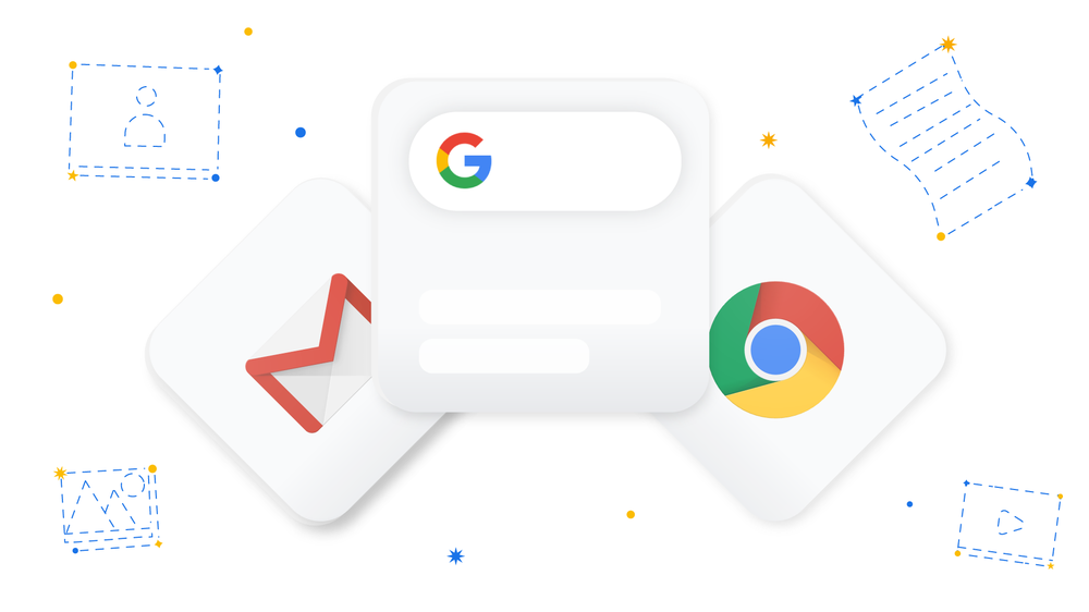 Logos of Chrome, Google search bar and Gmail on a white background