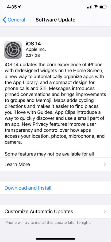 Screenshot of Software update of iOS 14