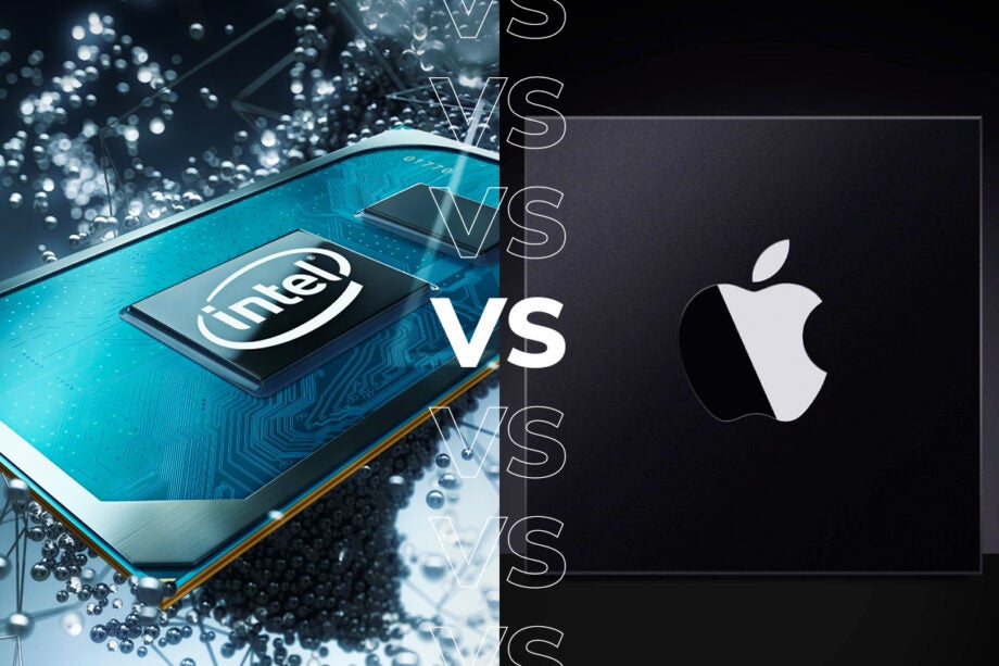 Comparision image of a Intel processor on the left and a black Apple processor on the right