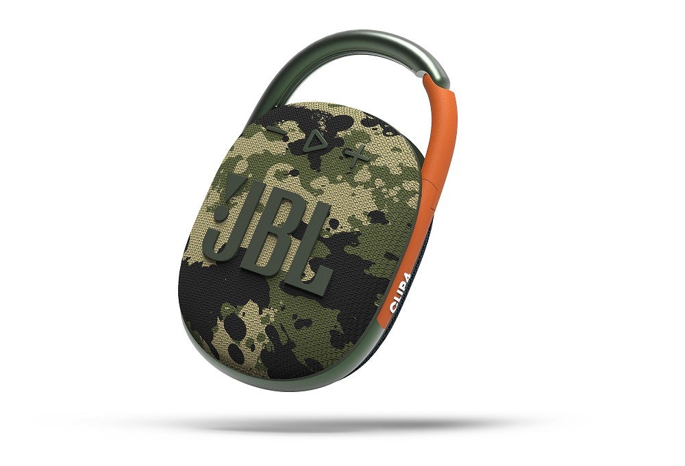 An army colored JBL Clip 4 squad speaker floating on a white background