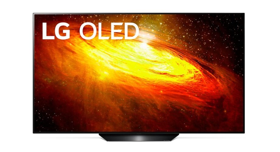 A black LG OLED BX standing on a white background