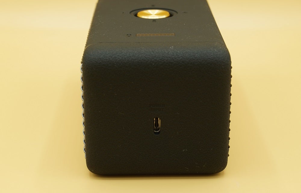 Left side edge view of a black Marshall Emberton 9 speaker