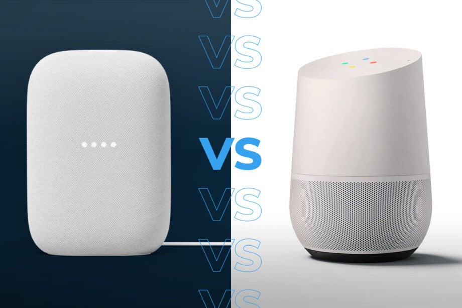 Comparision image of a silver Nest Audio Chalk standing on the left and a white Google Home on the right