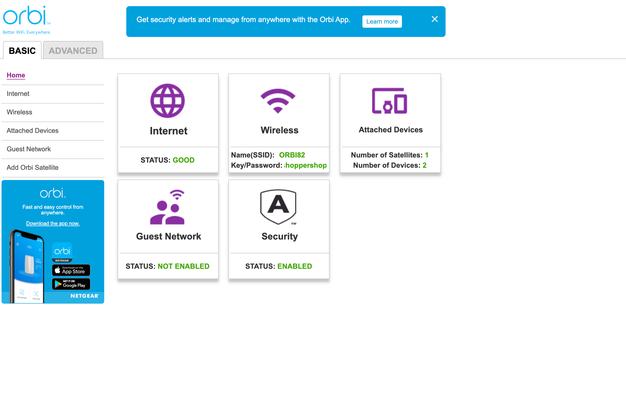 Screenshot of Netgear Orbi RBK752's home settings screen