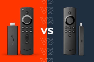 Comparision image of a new Fire TV stick on the left and regular Fire TV stick on the right