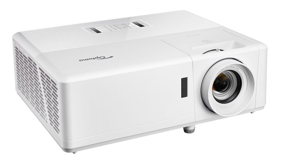 Left angled view of a white Optoma HZ40 standing on a white background