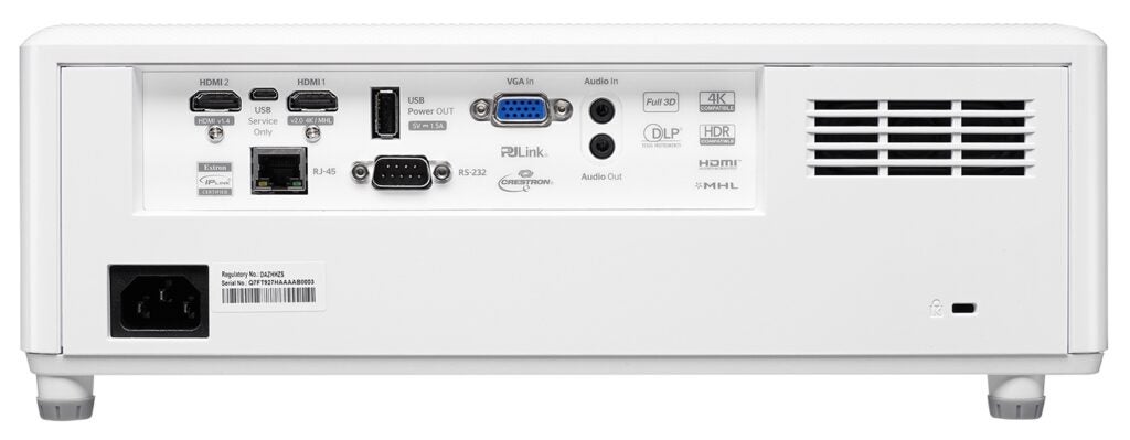 Back panel view of a white Optoma HZ40 standing on a white background, ports section