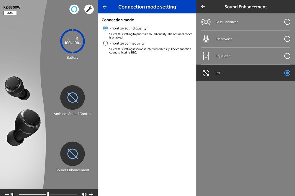 Screenshots from Panasonic connect app's settings about volume, connection mode and sound enhancement