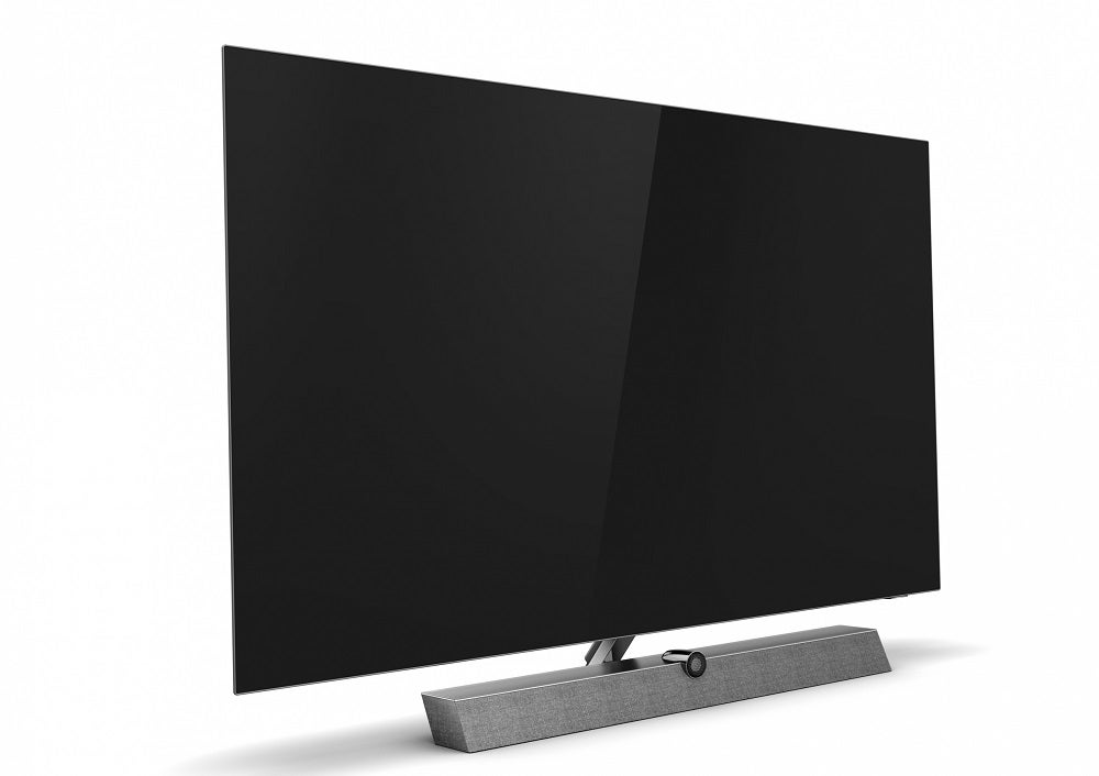 Left angled view of a Philips OLED 935 TV standing on white background