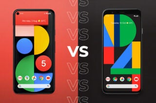 Comparision image of a Google Pixel 5 standing on left and a Google Pixel 4 standing on right