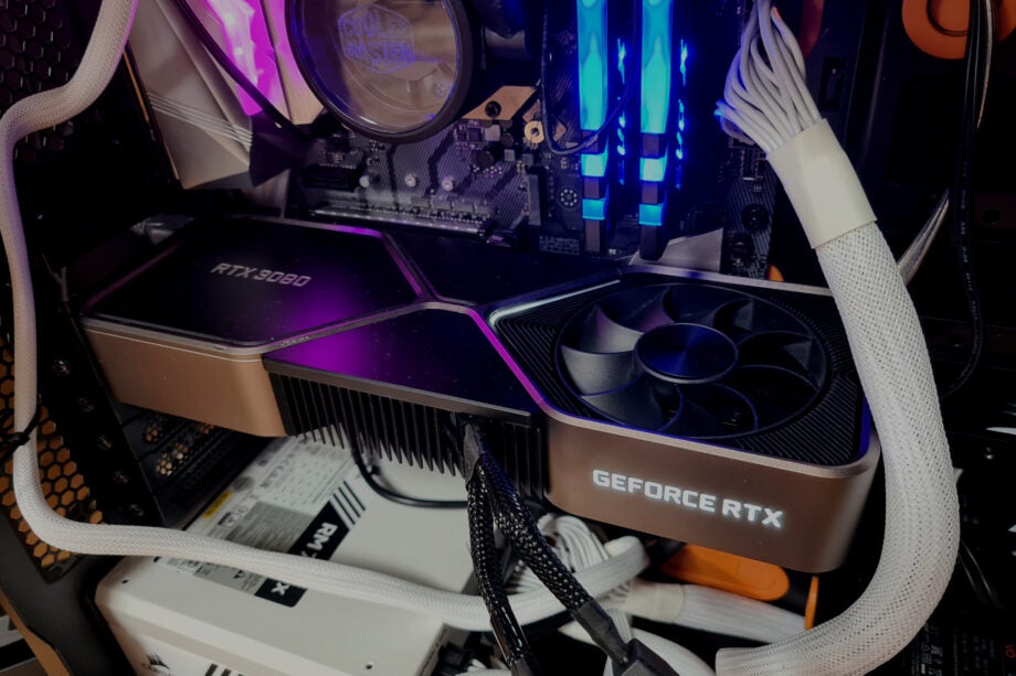 A brown-black Geforce RTX 3080 fixed in place