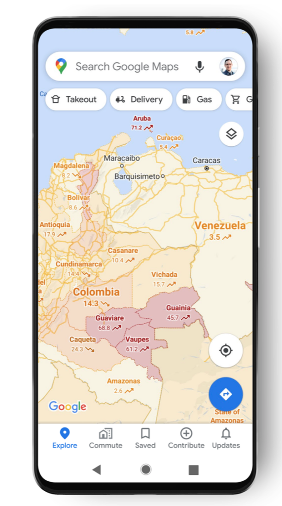 A smartphone standing on white background displaying Google Maps homescreen