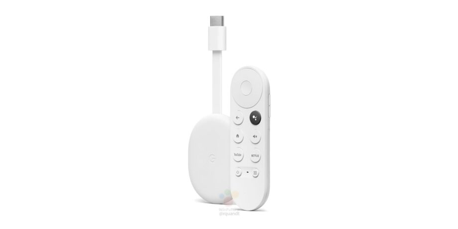 A white Chromecast with it's white remote beside standing on a white background