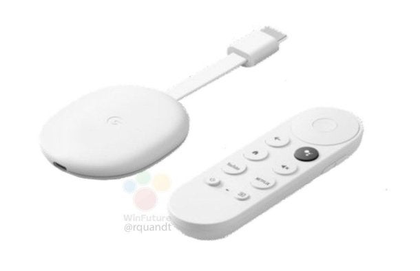 A white Chromecast with it's white remote beside laid on a white background