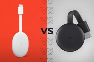 Comparision image of a white Chromecast on the left and a black Chromecast Google TV on the right