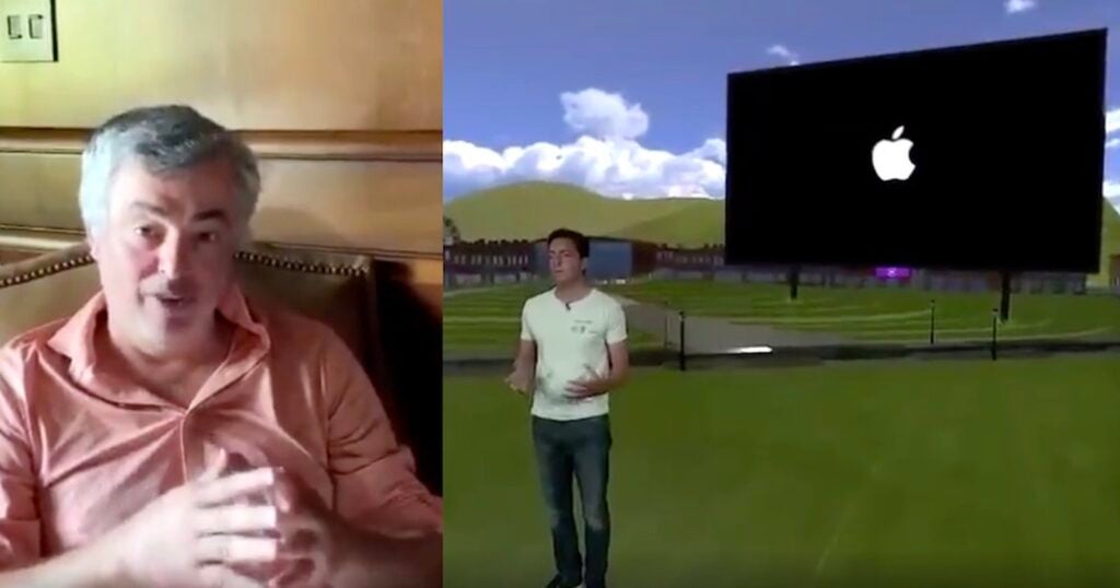 Two images of Eddy Cue, sitting in one annd standing in a groun with Apple logo displayed on a screen at back in another