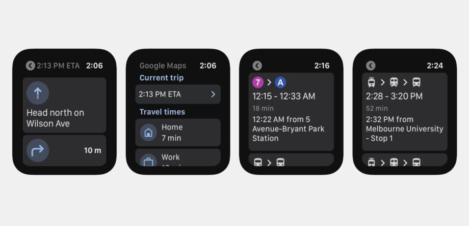 Screenshots from Apple watch displaying details from Google Maps