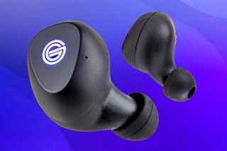 Black Grado GT220 earbuds floating on blue background