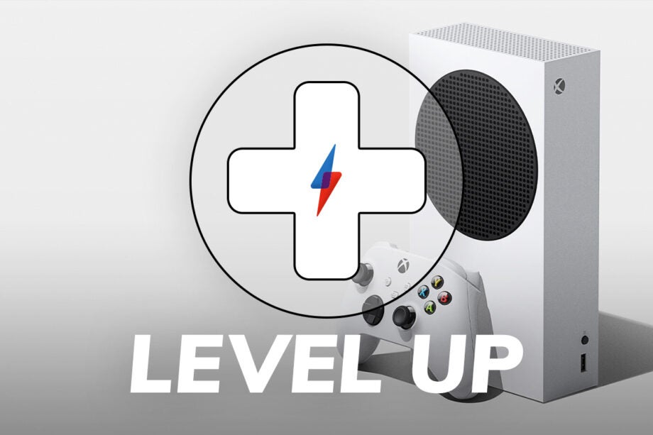A white Xbox with it's controller standing on white background with a plus logo on top and level up written on top of it