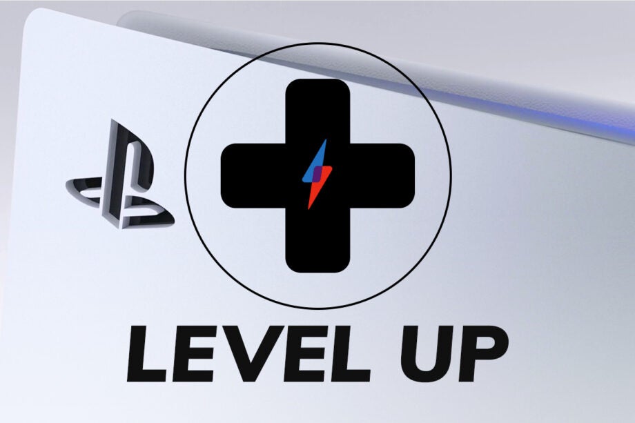 A white PS with a plus logo on top and level up written below