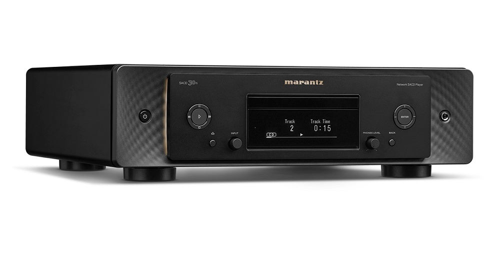 Left angled view of a black Marantz SACD 30n music player standing on white background