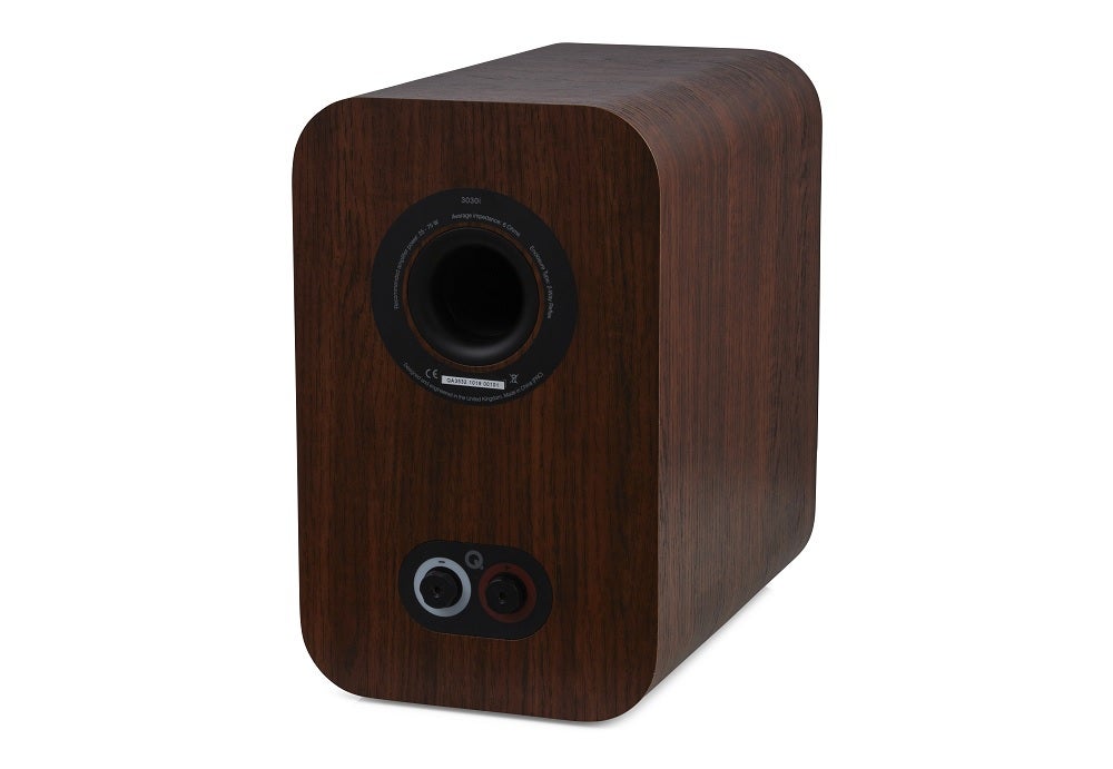 Q Acoustics 3030iFront right view of wooden finish Qacoustics 3030i speaker standing on a white background