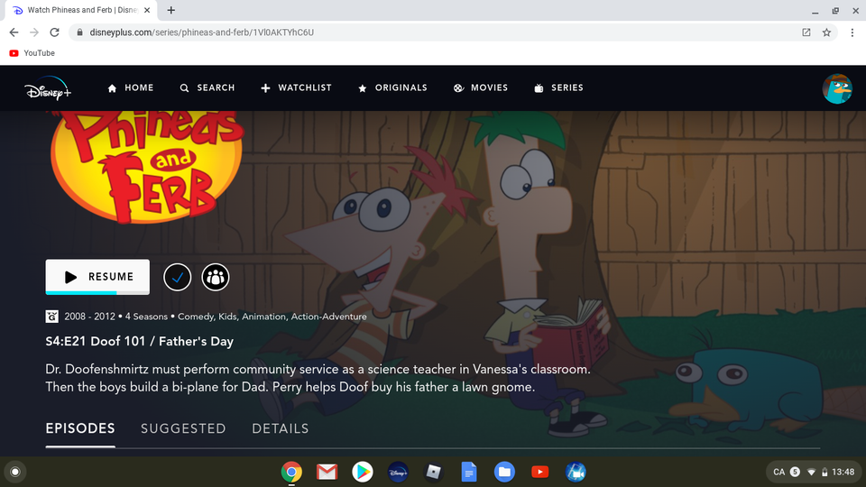 Screenshot of Phineas and Ferb cartoon series on DisneyPlus website