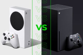 Comparision image of a white Xbox series X on the left and a black Xbox series S on the right