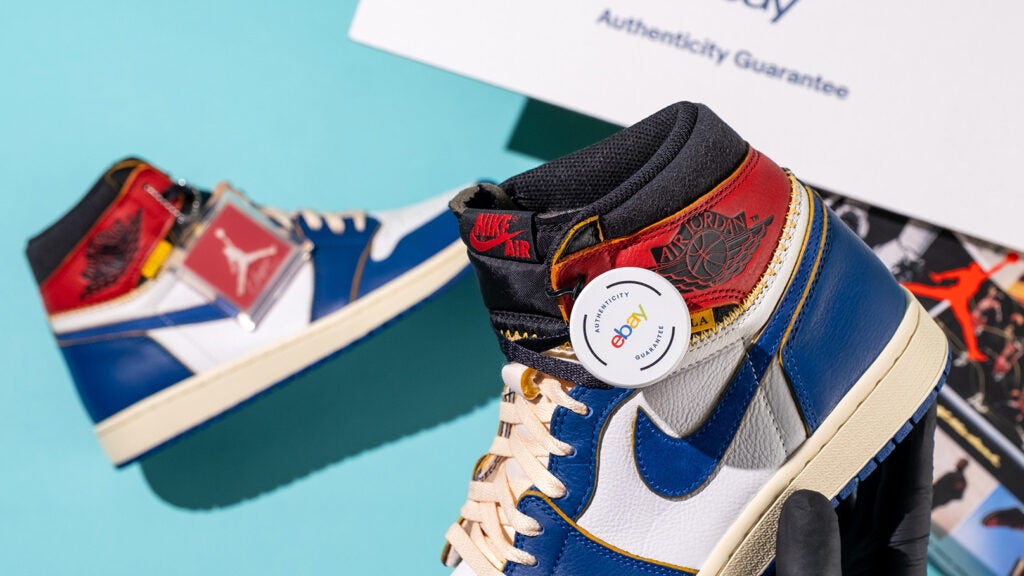 Blue, red-black shoes tagged with Ebay's authencity gaurantee 